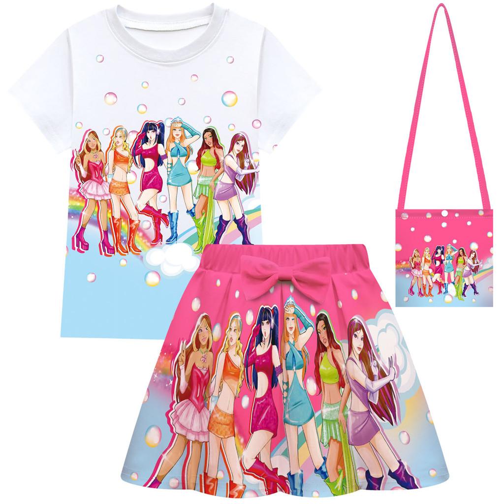 Fashion Girls KATSEYE Print Sets Short Sleeves T-Shirt Top Skirt Bag