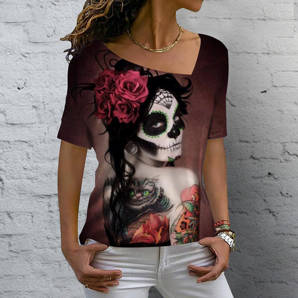 Лето 2023, винтажная женская футболка с изображением черепа, топы с v-образным вырезом, повседневный хлопковый пуловер с короткими рукавами, женская уличная одежда в стиле Харадзюку в стиле панк