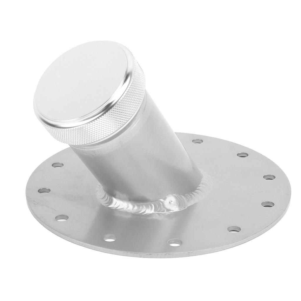 45 Degree Fuel Cell Filler Neck with 12 Bolt Steel Base Aluminum Cap 1.5in Inner Diameter Silver
