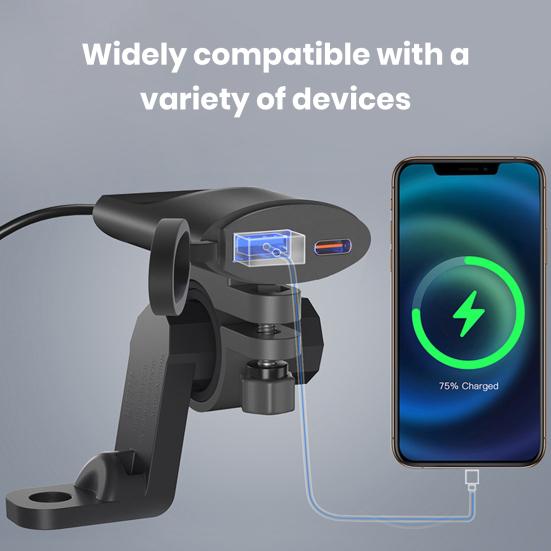 Зарядное устройство для мотоцикла с расширительным креплением для зеркала заднего вида, быстрая зарядка, PD USB, высокая мощность, 12–24 В, универсальный адаптер для зарядки телефона, квадроцикла, трехколесного велосипеда