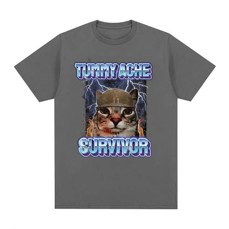 Vintage Tummy Ache Survivor Funny Cat Meme Tee Shirt Unisex Women Clothing Fashion Short Sleeve Tshirt Casual Pure Cotton T Shirts