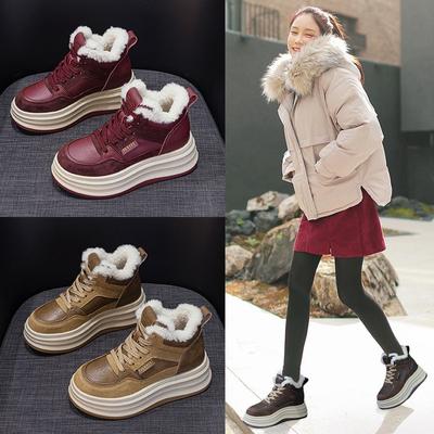 Толстая подошва Бордовые ботинки Повседневный отдых Спорт Зимние ботинки Женская обувь