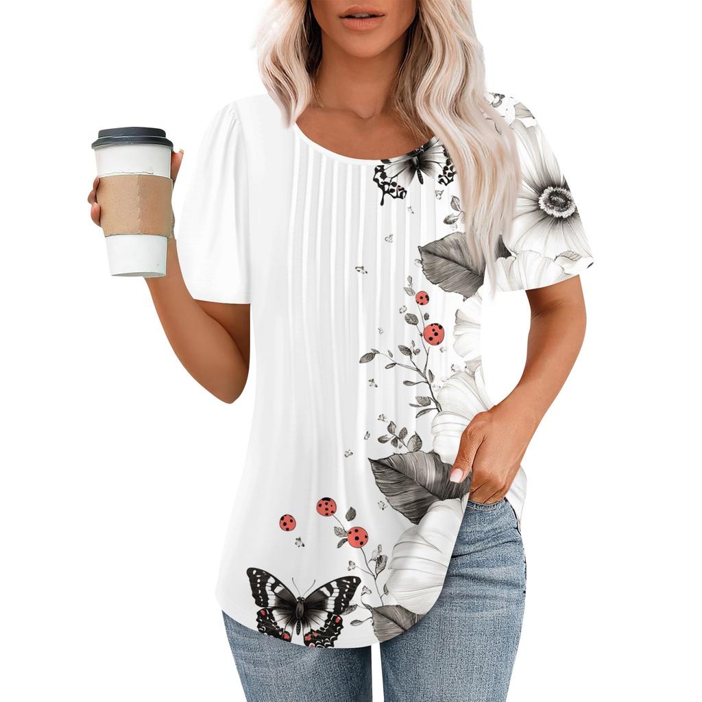 Женская модная повседневная плиссированная футболка в полоску с круглым вырезом и цветочным принтом с короткими рукавами, топ