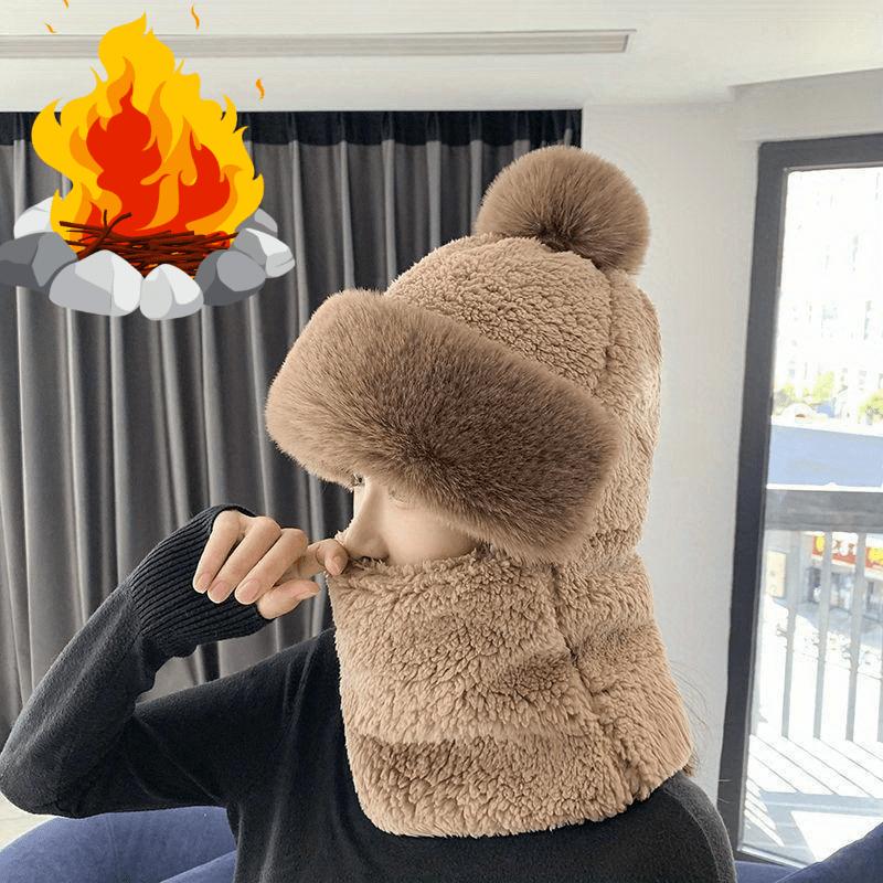 Winter Scarf Set Hooded for Women Plush Neck Warm Outdoor Ski Windproof Hat Thick Plush Fluffy Beanies
