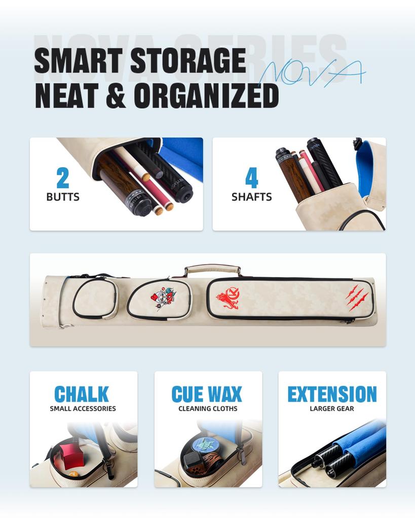 KONLLEN 2x4 Жесткий кейс для кия с отделениями для 2 турняков и 4 шафтов, сумка для бильярдного кия с регулируемым плечевым ремнем, кейс, несколько карманов, шафты,