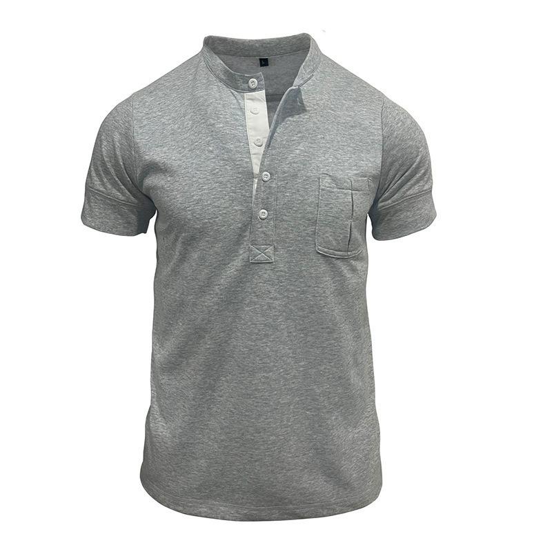 Men Black Stand Collar Henley Neck Short Sleeve T Shirt With Chest Pocket Casual Summer