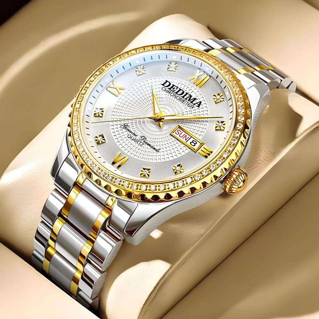 High Quality Luxury Business Diamond All Gold Watch Double Calendar Solid Stainless Steel Butterfly Buckle Men's Waterproof Luminous Quartz Watch