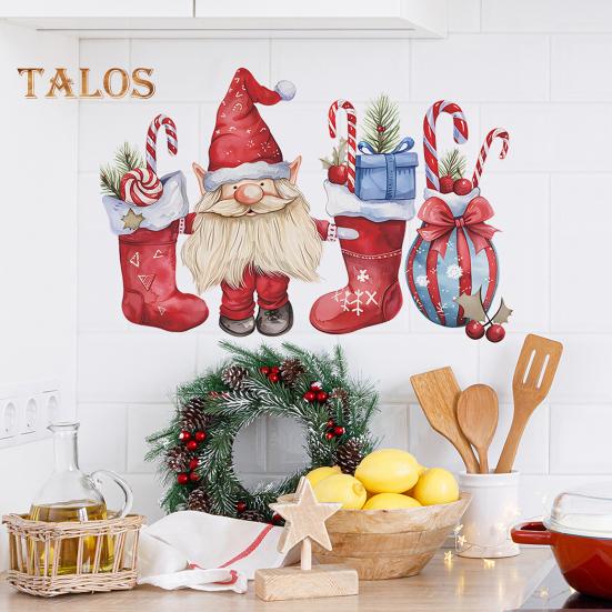 1 Sheet Christmas Wall Sticker Gnome Elf Stocking Candy Cane Gift Bag Waterproof PVC Self-adhesive Living Room Bedroom Holiday Wall Art Decoration