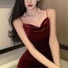 Vintage Sexy Club Prom Red Dresses for Women Spaghetti Strap Slit Velvet Dress Beach Bandage Bodycon Midi Dress Party Elegant