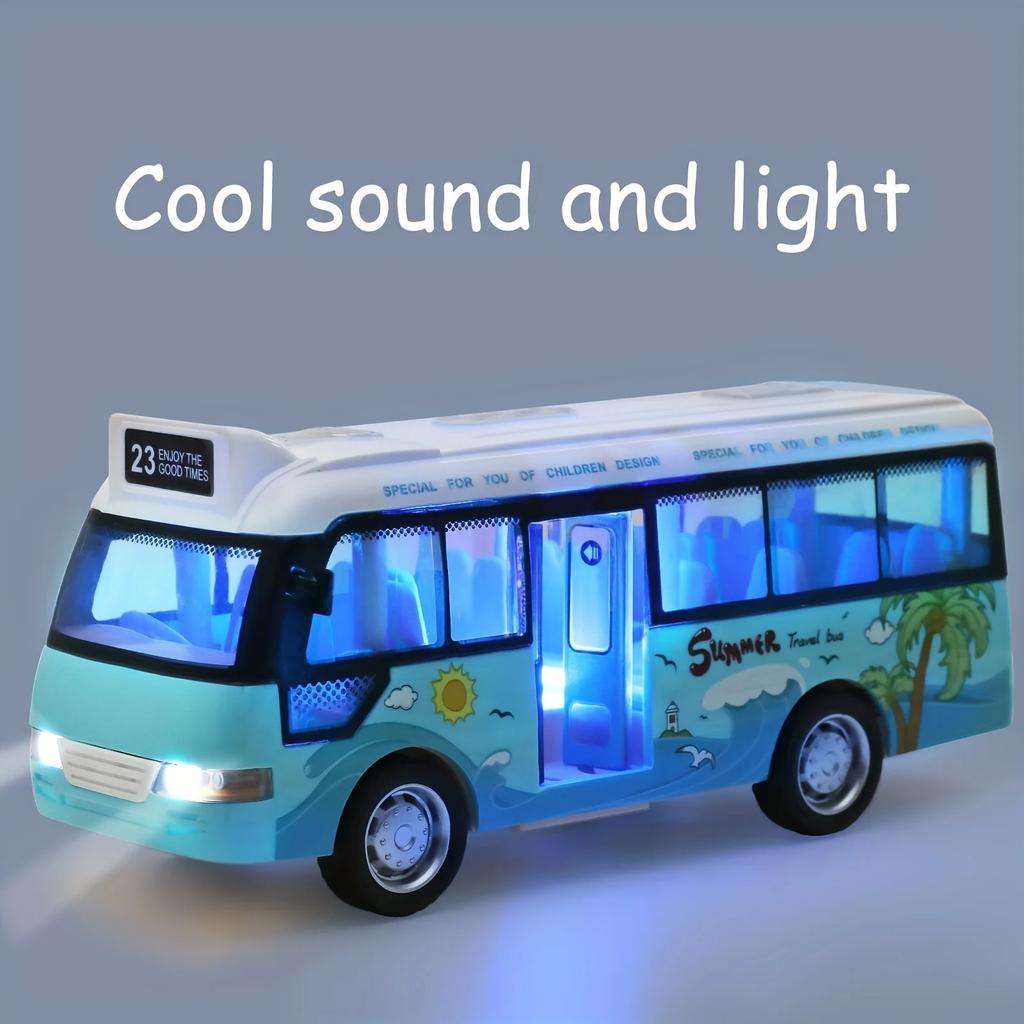 City Bus Toy Die-Cast Plastic Cars for Boys Girls Pull Back Play Vehicle with Sound Light Up Open-able Doors