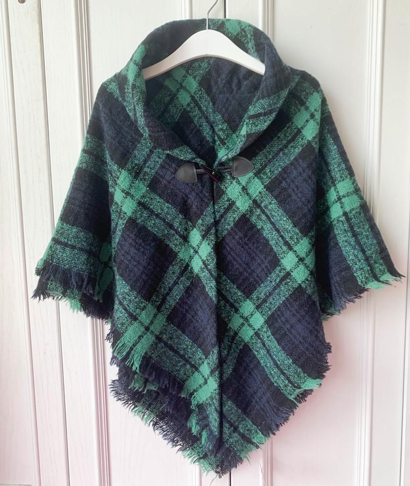 Horn Button Plaid Cloak Shawl