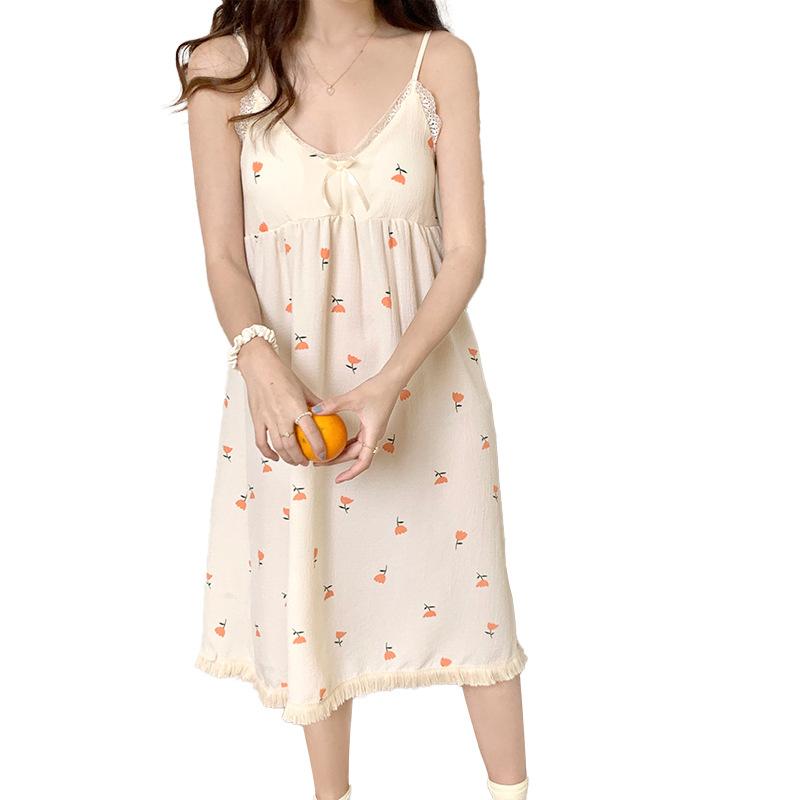 Floral Suspender Nightdress Female Sweet And Cute Summer Thin Girl Bubble Wrinkled Pajamas Princess Loungewear