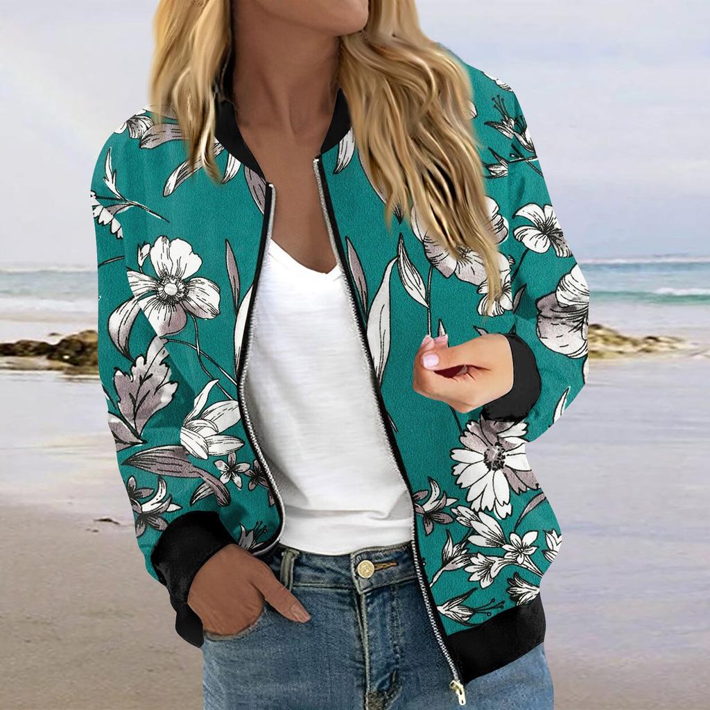 Куртки для женщин, легкие укороченные куртки с длинным рукавом на молнии, модная верхняя одежда с принтом, повседневные стеганые куртки с карманами