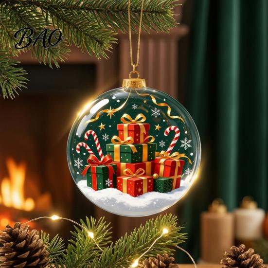 Christmas Party Hanging Trinkets 3D Faux Crystal Ball Ornaments with Warm LED Miniature Winter Scene Decor Lights, Luminous Tree Pendant for
