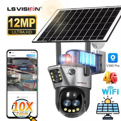 LS VISION 12МП Двухэкранная 4G Солнечная камера 10-кратный зум Уличная 6K WiFi Сигнализация красным и синим светом Автоматическое слежение Камера видеонаблюдения V380 Pro APP