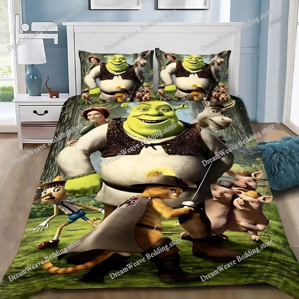 Boys and Girls Cartoon S-Shrek Duvet Cover and Pillowcase, Teen and Adult Bedding Set, Kingqueen Size, Bedroom Decoration, Gift