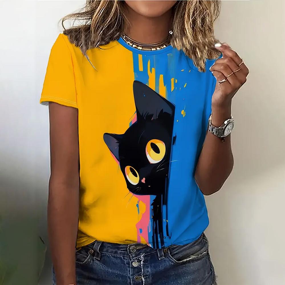 Женская мода 3D абстрактный рисунок кошки напечатаны короткие рукава топы 2024 новая женская одежда футболки летние свободные блузки и футболки