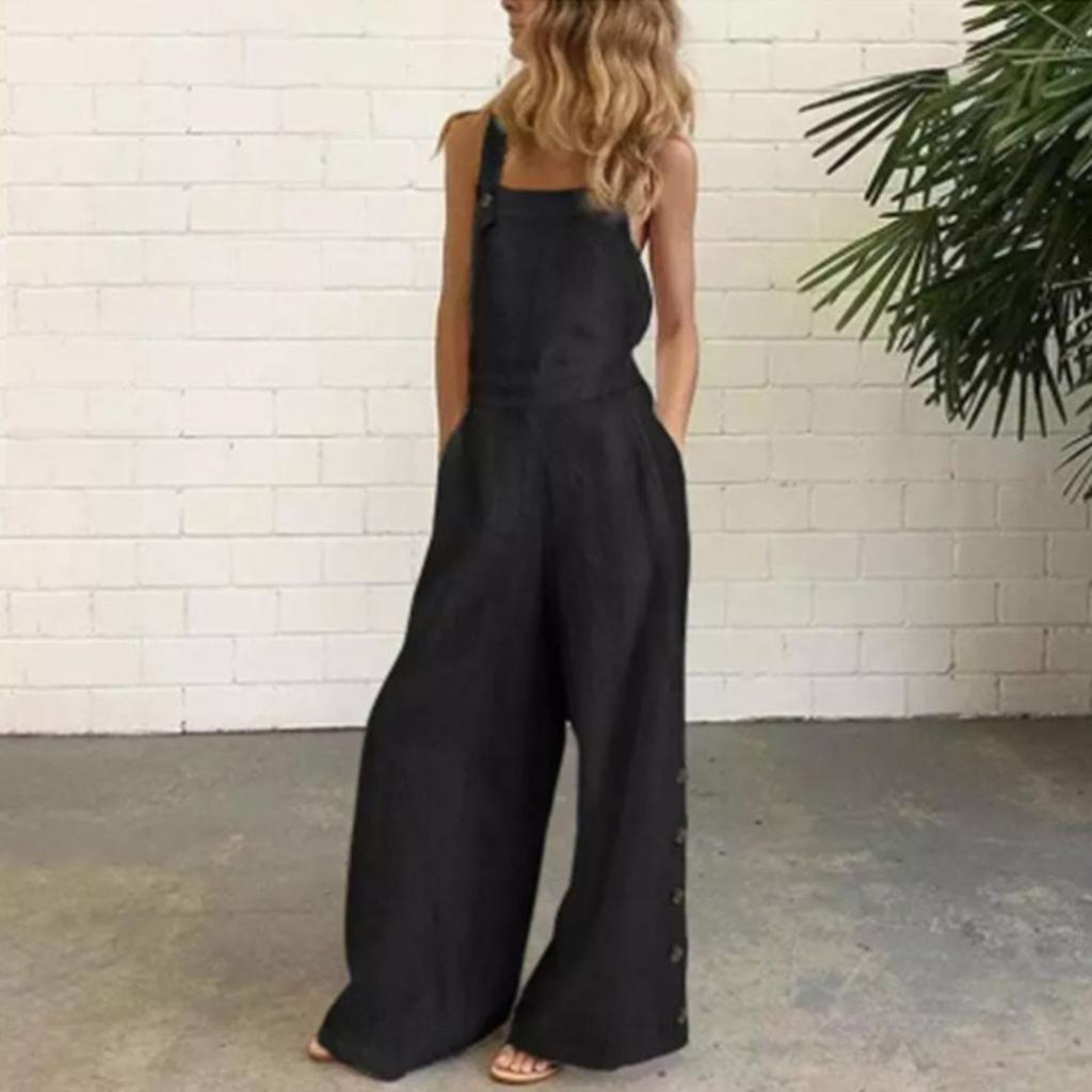 Women's Casual Solid Color Denim Side Pockets Wide Leg Side Button Jumpsuit