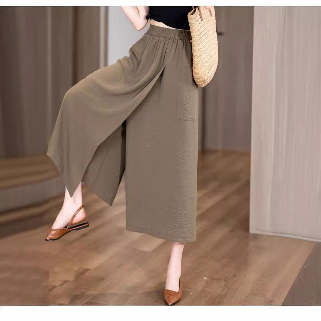 Summer Thin Style Loose High Waist Slit Lazy Style Casual Skirt Pants Hips and Thighs Thick Slimming Eight-point Wide-leg Pants for Women