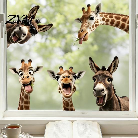 Outdoor Weatherproof Glass Decorations Funny Giraffe Donkey Static Window Cling, Removable Farm Animal Decorative Sunproof PVC Film Decal for Kitchen
