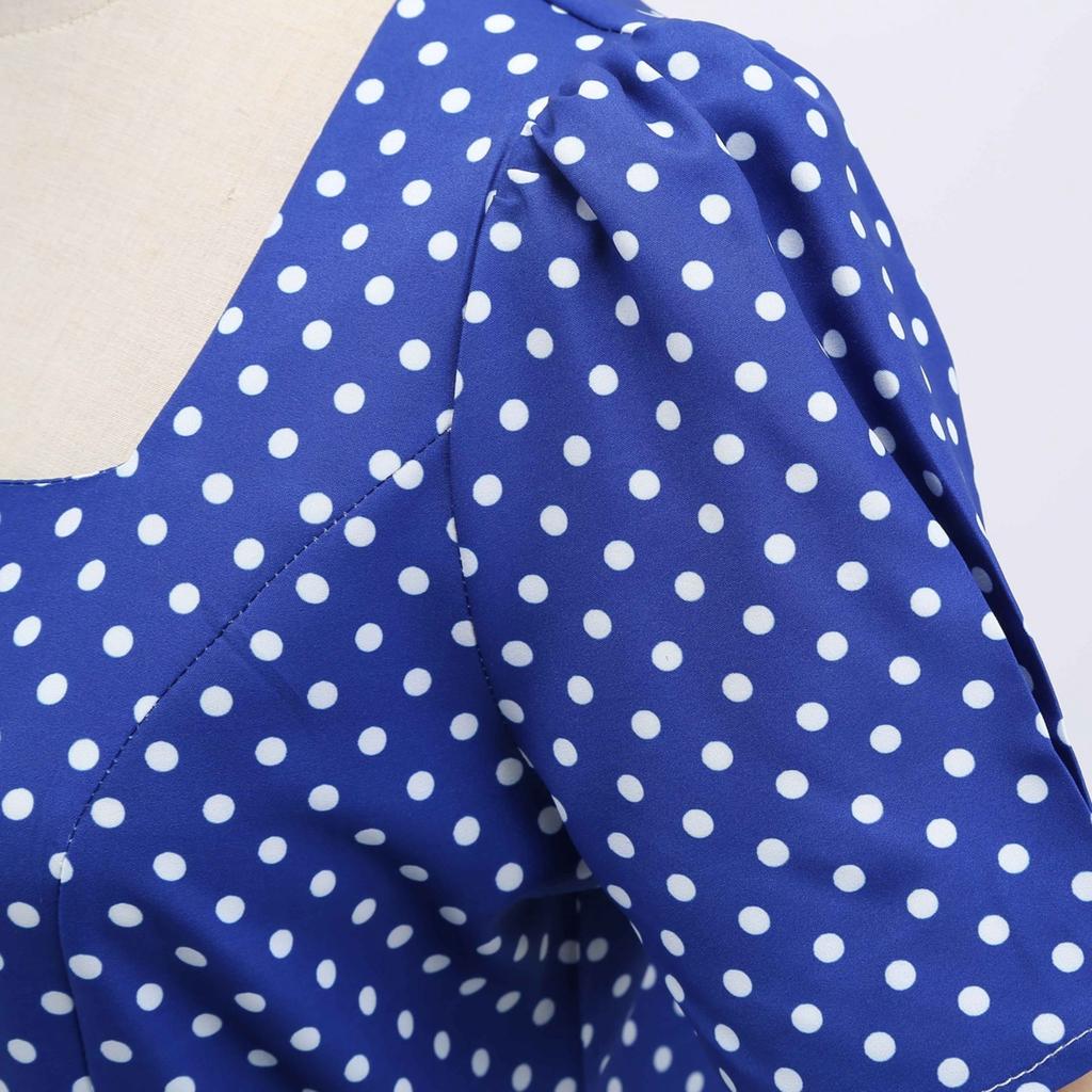 GMXIA Винтажное женское свободное платье с квадратным воротником и короткими рукавами в горошек и принтом на талии