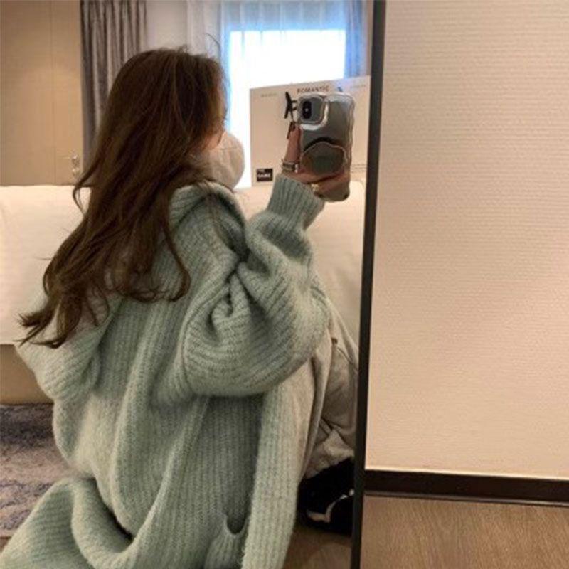 Women's Mid-Length Hooded Knit Cardigan with Pockets - Autumn/Winter Loose Fit Sweater Coat
