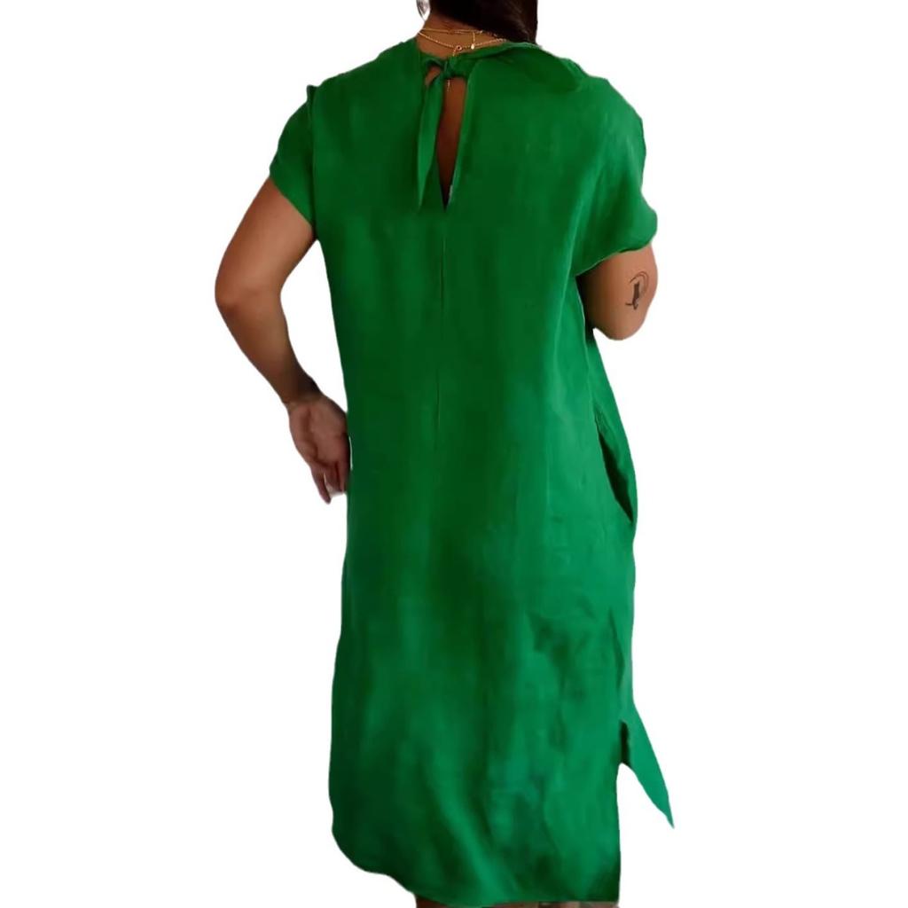 Женское летнее платье миди из хлопка и льна с v-образным вырезом, короткими рукавами и свободным разрезом.