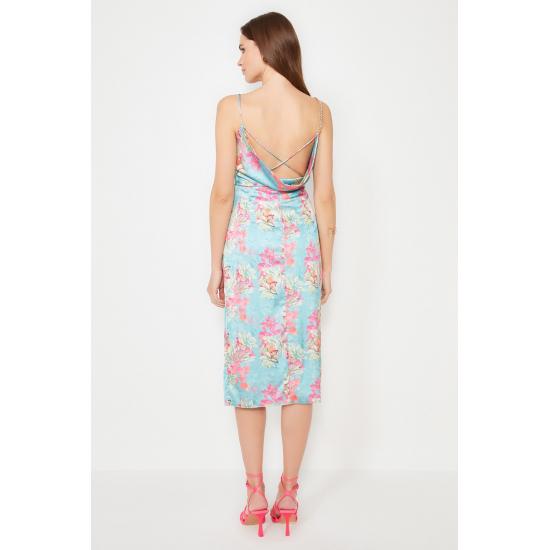 Multi Colored Floral Printed Satin Dress