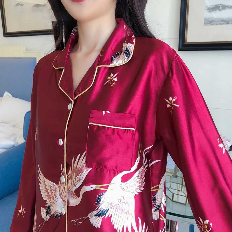 Home Ice Silk Pajamas Female Spring and Autumn Crane Long Sleeve Casual Comfortable Long Sleeve Cardigan Large Size 200 Catties Can Wear Pajamas Set