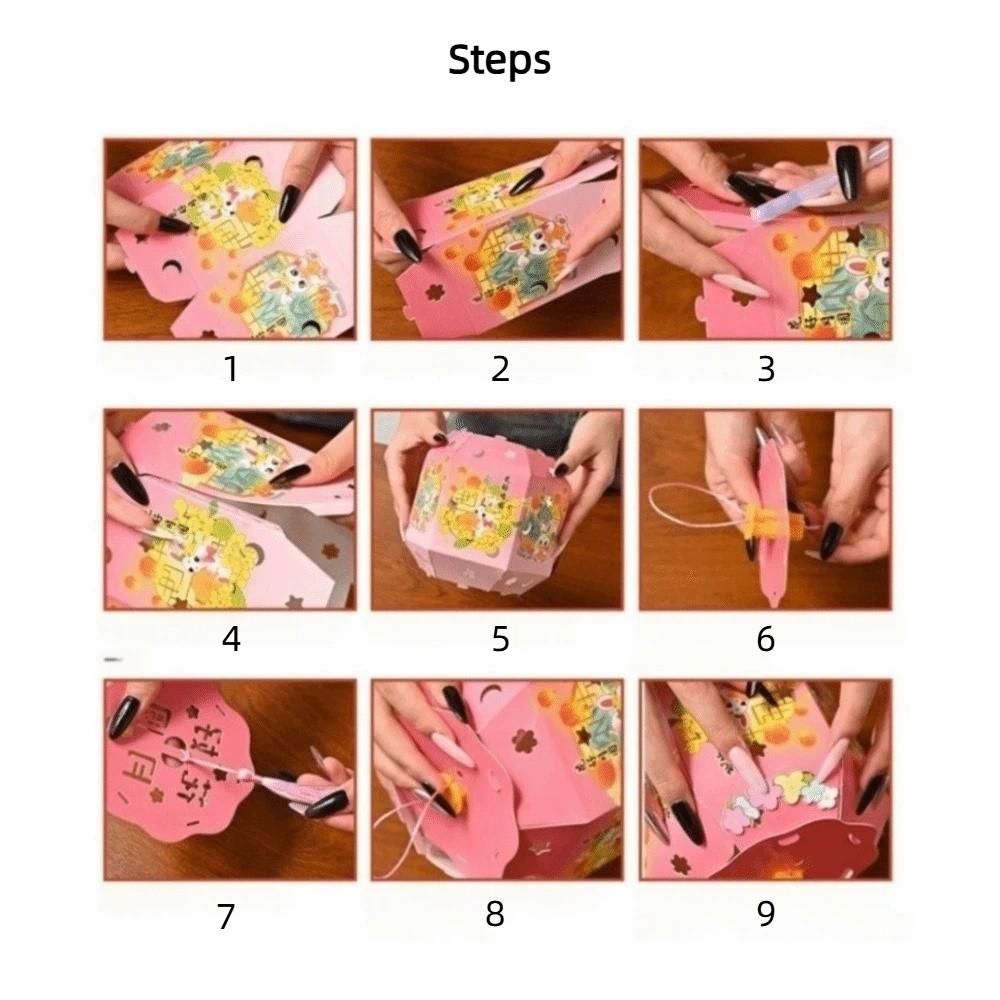 Cartoon Rabbit Mid-Autumn Festival Lantern Handheld Six-Sided DIY Craft Kit Lantern Paper Luminous Design LED Lantern Party