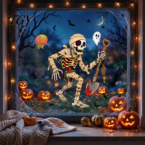 Spooky Party Glass Decor Halloween Window Clings, Pumpkins Skeletons Ghosts And Bats Print Decorative Clings Decals, Electrostatic PVC Static