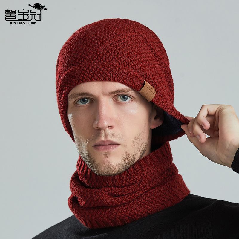 Men's Autumnn Winter Solid Color Knitted Hat and Scarf Set Thicken Warm Fleece Lined Cold-resistant Hat and Neckerchief for Men