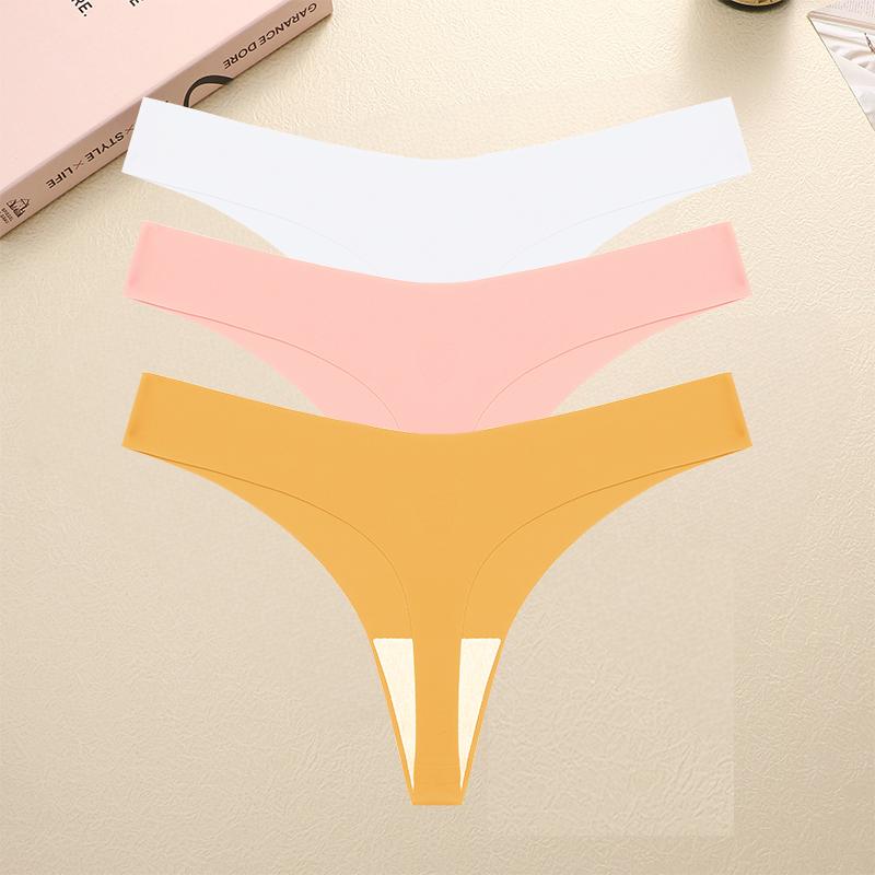 3PCS Seamless Thong Women Ice Silk T-back Intimate Solid Breathable Crotch Briefs Sexy Tanga Multiple 10 Color Lingerie