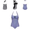 Elegant Plus Size Racy Black Halter Low Cut Beachsuit For Striped Swimwear Women
