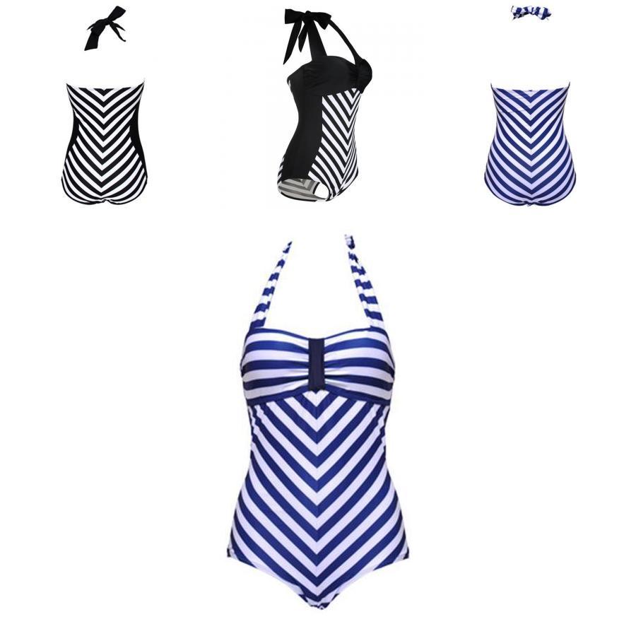 Elegant Plus Size Racy Black Halter Low Cut Beachsuit For Striped Swimwear Women