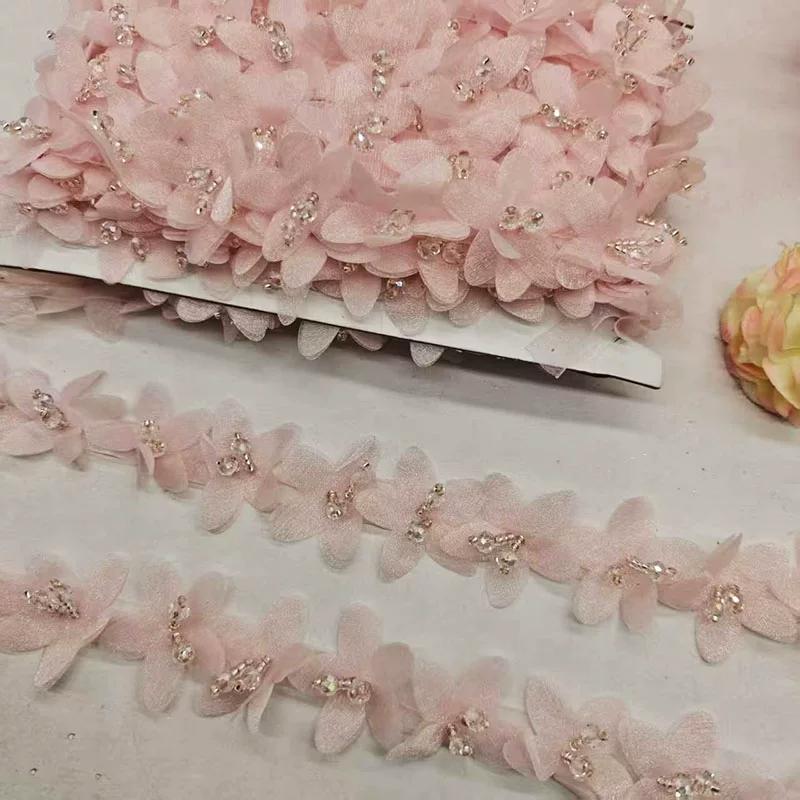 3 ярда 3D хрустальные бусины шифоновые лепестки вышивка кружевная лента DIY свадебные аксессуары кружевная отделка