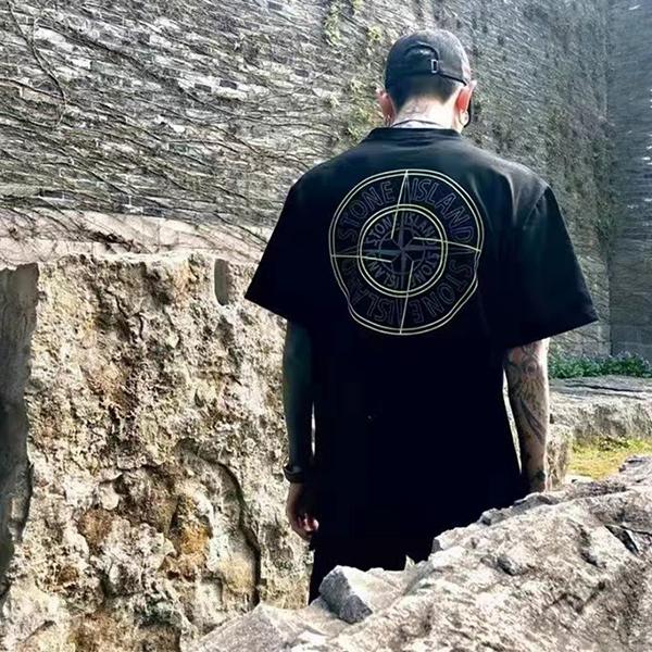 Men and Women Island Black Stone Graphic Short-sleeved T-shirt Cotton Summer Round Neck Clothing