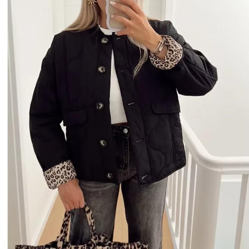 2025 Осень и зима Новая женская одежда Универсальный темперамент Длинные рукава Свободный однобортный стеганый леопардовый принт хлопковая куртка
