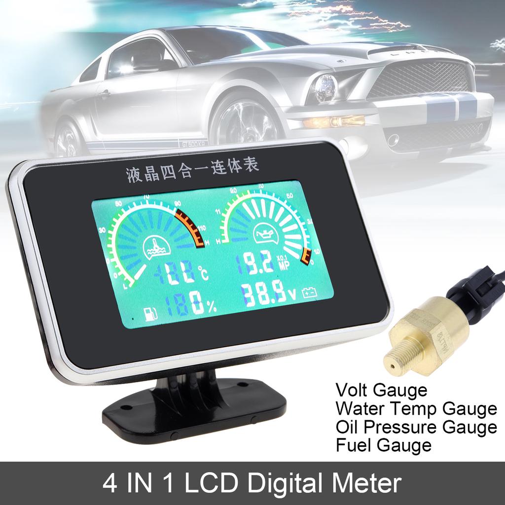 12V / 24V 4 In 1 LCD Digital Volt Gauge+Water Temp Gauge+Oil Pressure Gauge+Fuel Gauge with Sensor