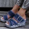 Fashion Fashion Wedges Shoes Women New Summer Flat Strap Buckle Design Slippers Women Blue Slope Heel Slippers Ladies Denim Beach Sandal