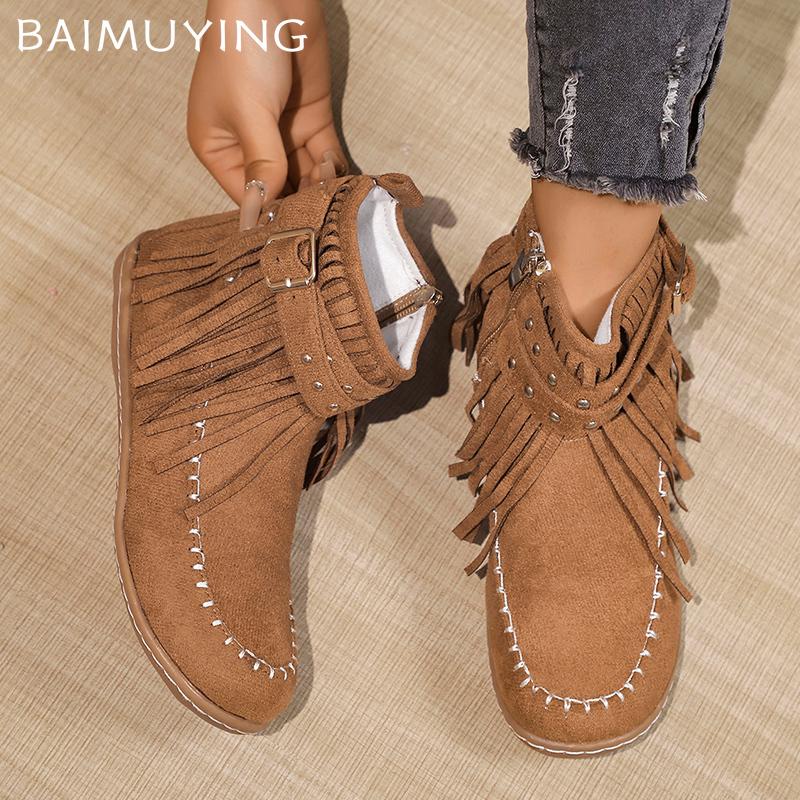 Suede Flats Women Snow Ankle Boots Tassels Fashion Shoes Winter Designer New Botas Trend Designer Walking Botas De Mujer