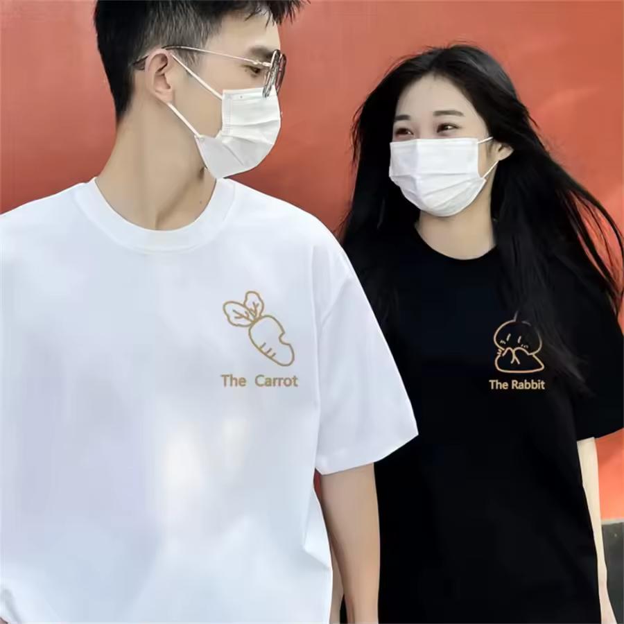 Korean Street Style 100% Cotton Couple T-shirt Tee Cartoon Cute Rabbit Carrots Print Men Women Top Streetwear Clothes