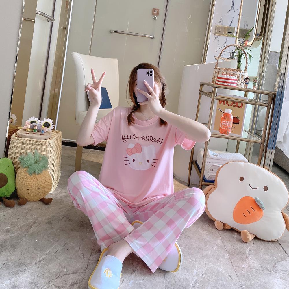 Женский летний мультяшный пижамный комплект - Круглый вырез, Короткий рукав, Легкие брюки для весны и осени