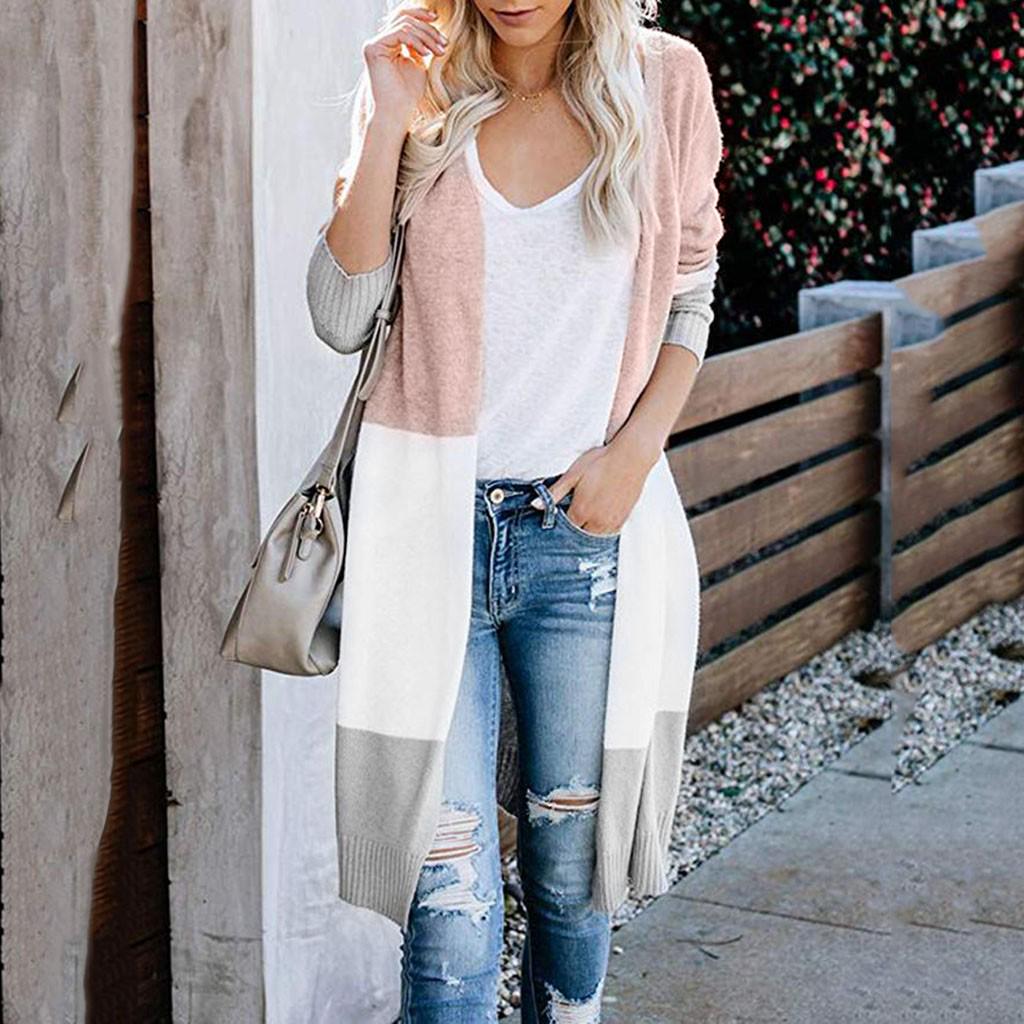 Женский многоцветный полосатый лоскутный модный кардиган с длинным рукавом