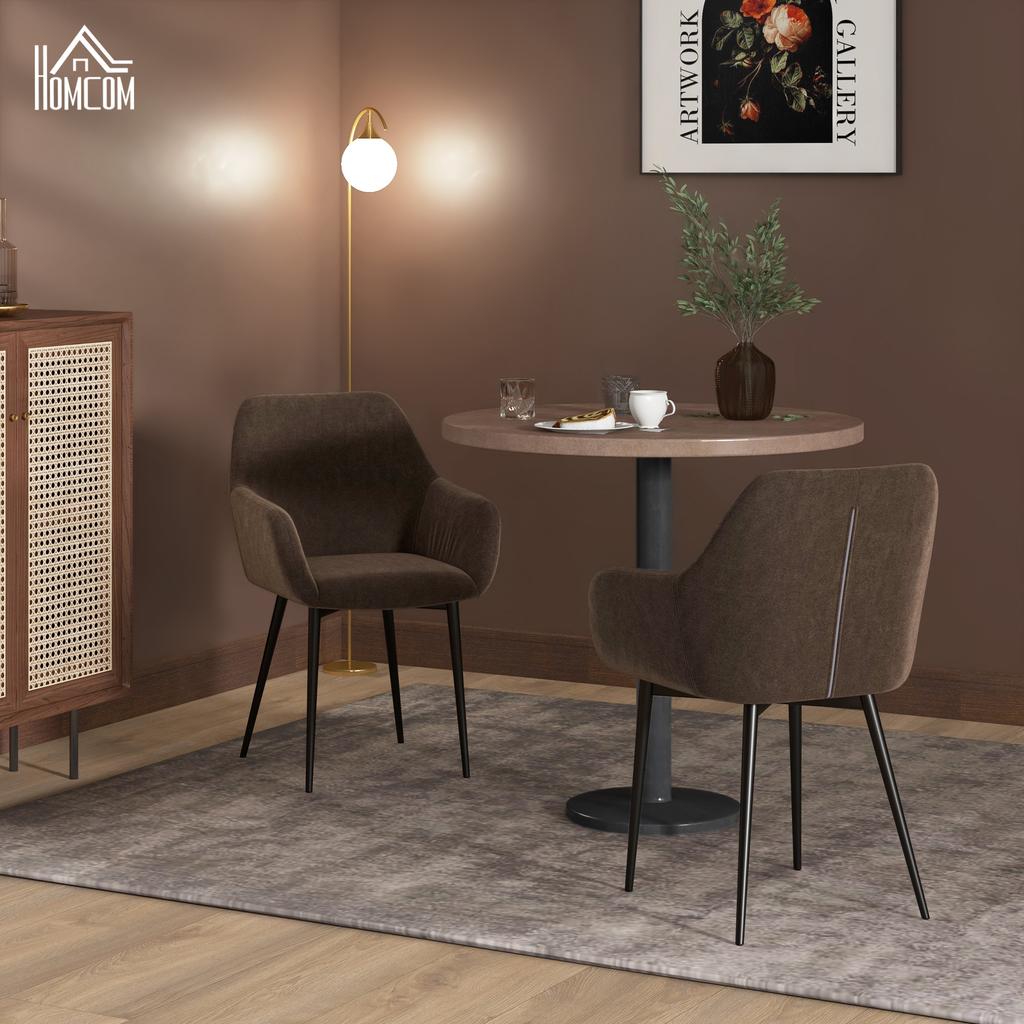 Set of 2 Nordic Dining Chairs Padded with Curved Armrests in Velvet-Effect Fabric, 54x57x80 cm, Brown
