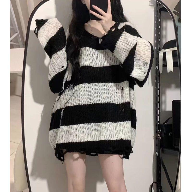 Women's Black and Pink Striped Sweater, Loose Fit, Medium-Long, Lazy Style, 2024 Spring/Autumn Fashion Top.