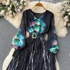French Chic Dress for Women V-neck Plant Printed Lantern Sleeve Pleated Long Dresses Autumn Dress Female A-line