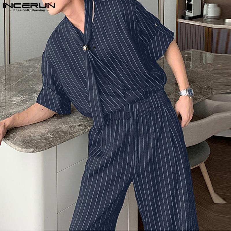 INCERUN 2 ШТ. Мужская рубашка с завязками на шее, с короткими рукавами, длинные прямые брюки, полосатые комплекты