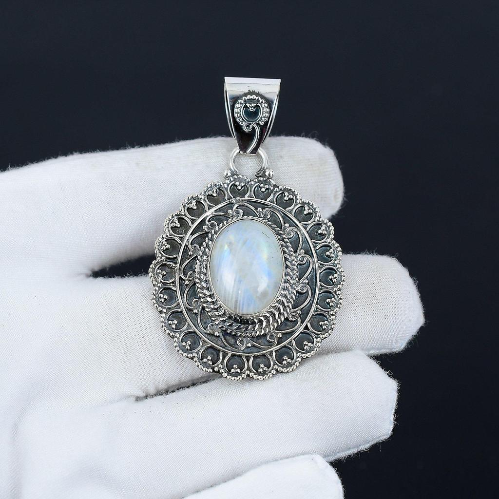 Кулон с радужным лунным камнем, ювелирное изделие ручной работы, ожерелье из стерлингового серебра 925 пробы, натуральный блестящий лунный камень, ювелирное изделие, кулон, подарок для него на Новый год