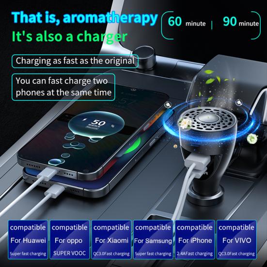 Адаптер автомобильного зарядного устройства USB-C с ароматерапией Быстрая зарядка Универсальный 2-в-1